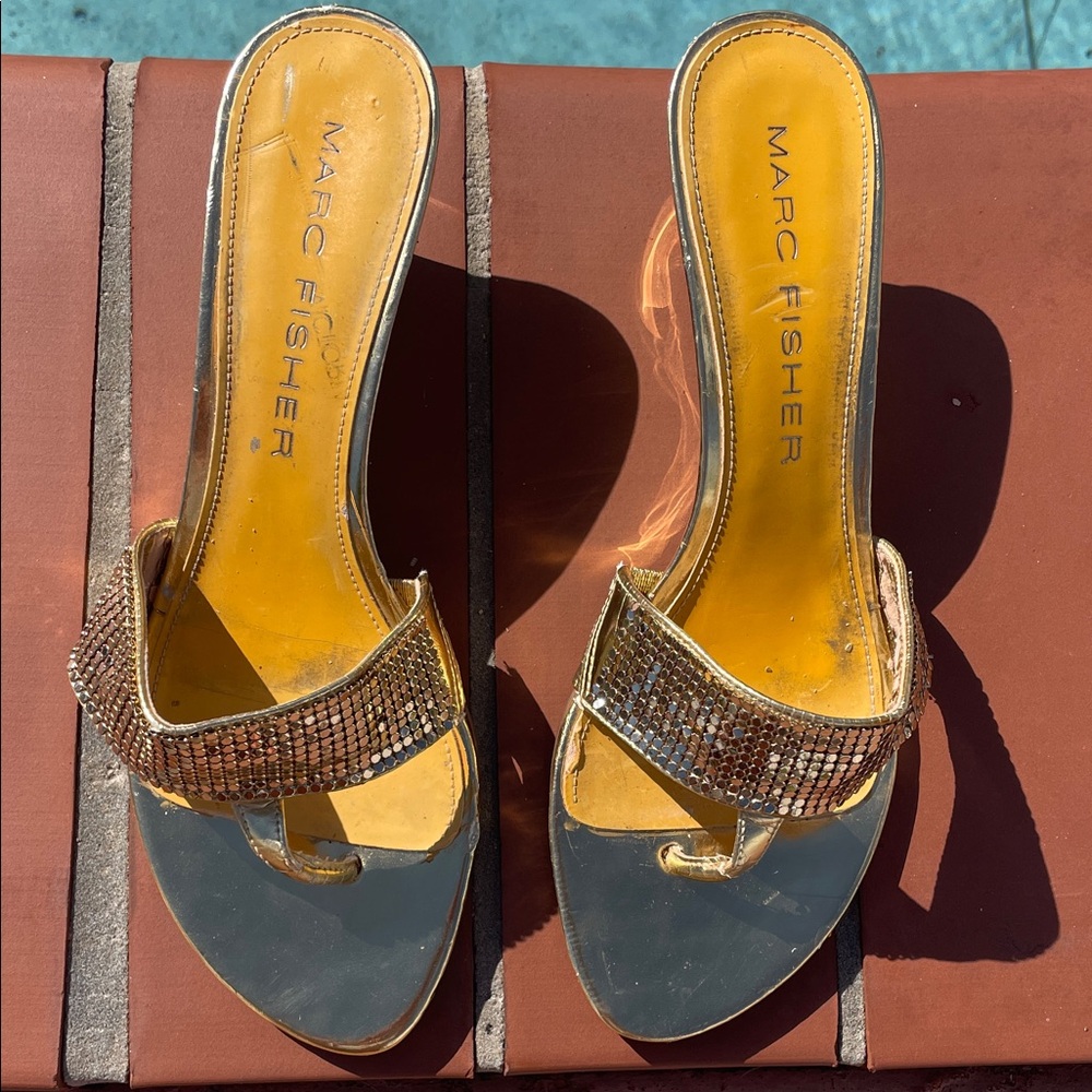 Marc Fisher Gold Embellished Sandals.